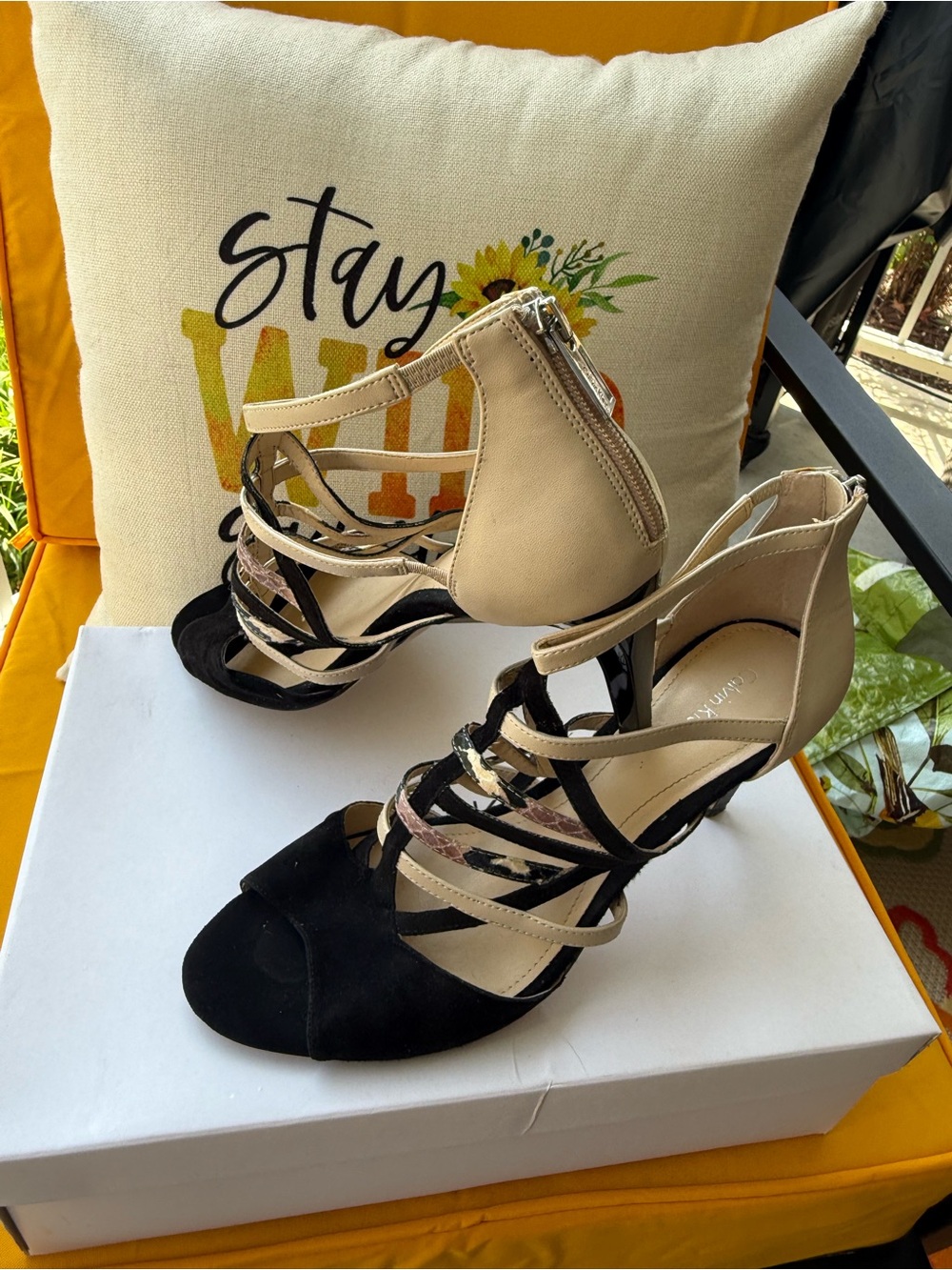 Calvin Klein Black and Cream Strappy Stiletto Heels